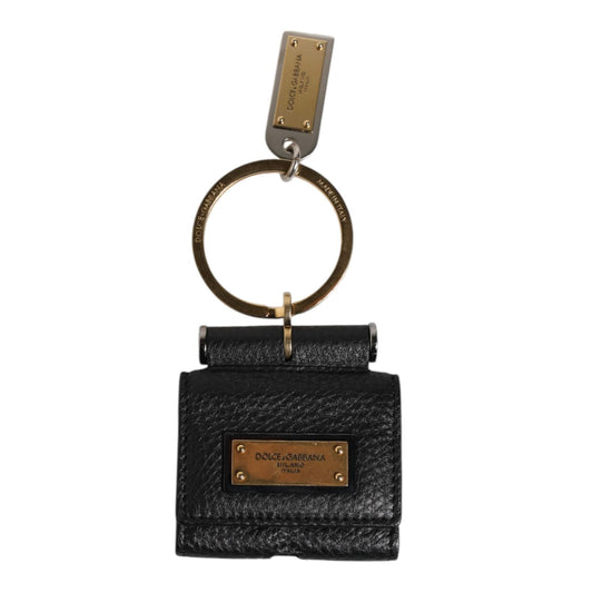Dolce & Gabbana Black Leather Strap Gold Metal Logo Plaque Airpods Case SMY10693