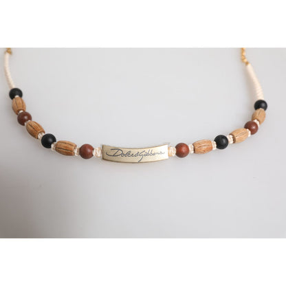 Dolce & Gabbana Black Gold Wooden Beaded Logo Pendant Necklace