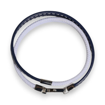 Dolce & Gabbana Blue White Leather Trimmed DG Engraved Silver Tone Clasp Bracelet