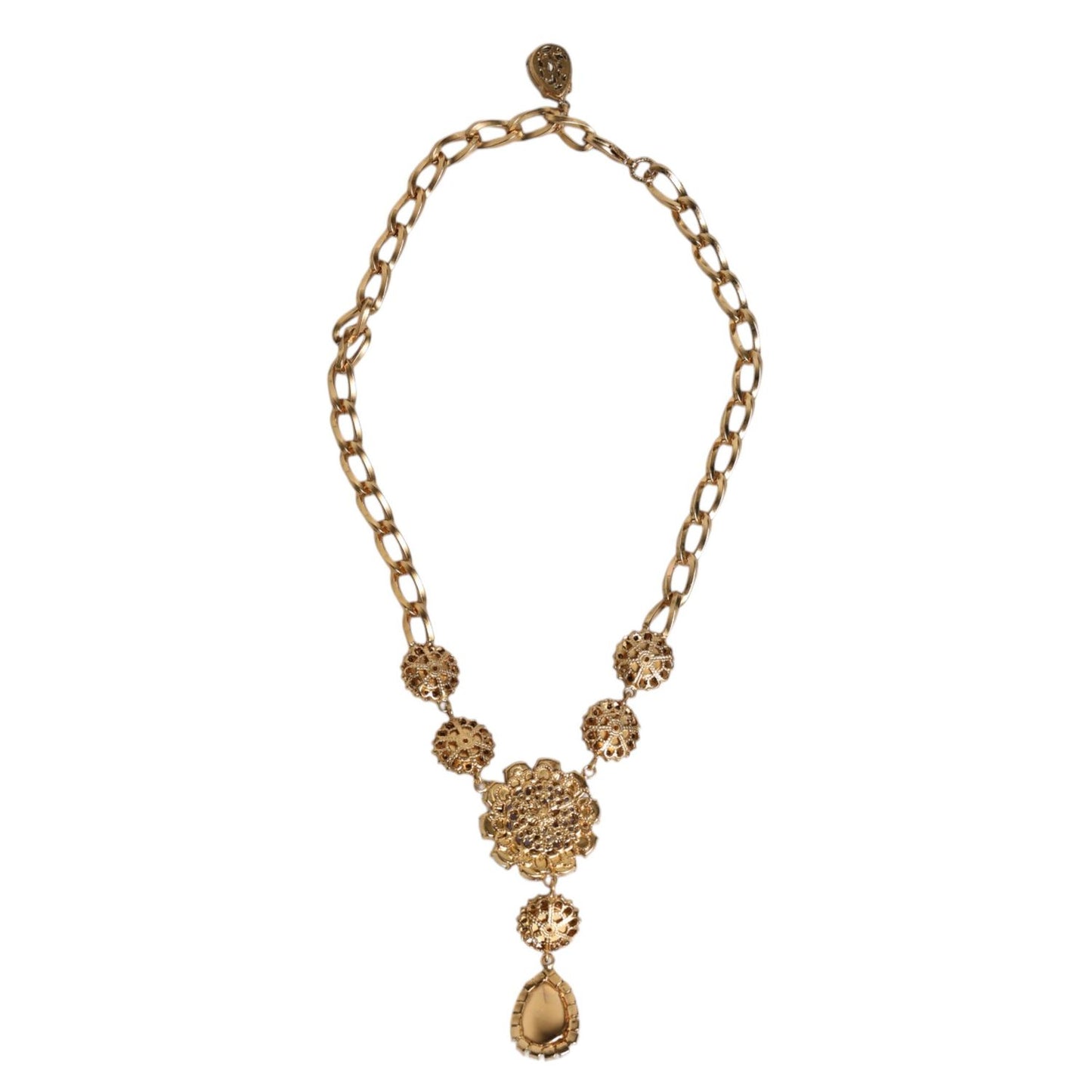 Dolce & Gabbana Gold Brass Floral Crystals Pearl Embellished Necklace