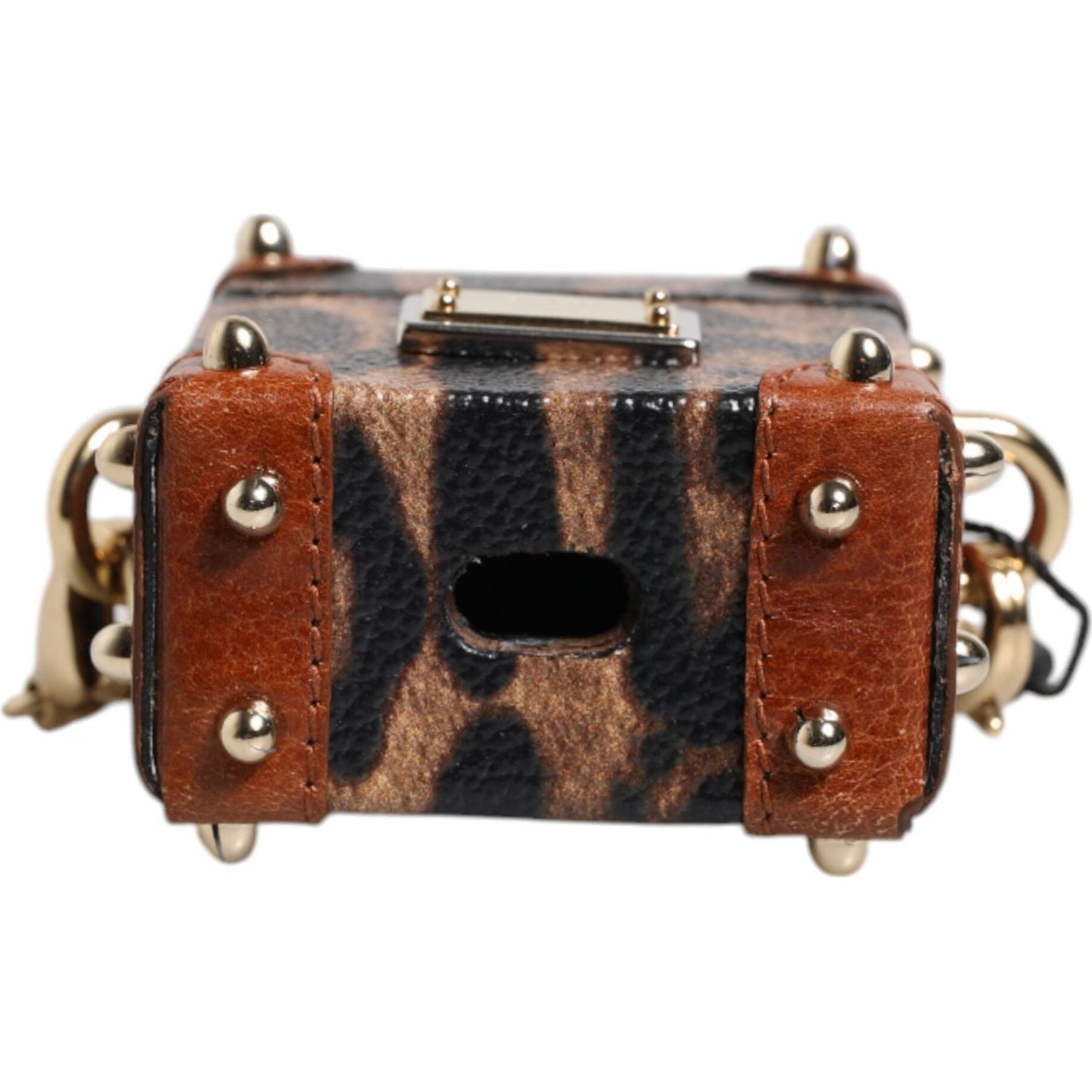 Dolce & Gabbana Brown Leopard Metal Logo Plaque Gold Chain Airpods Case SMY10661