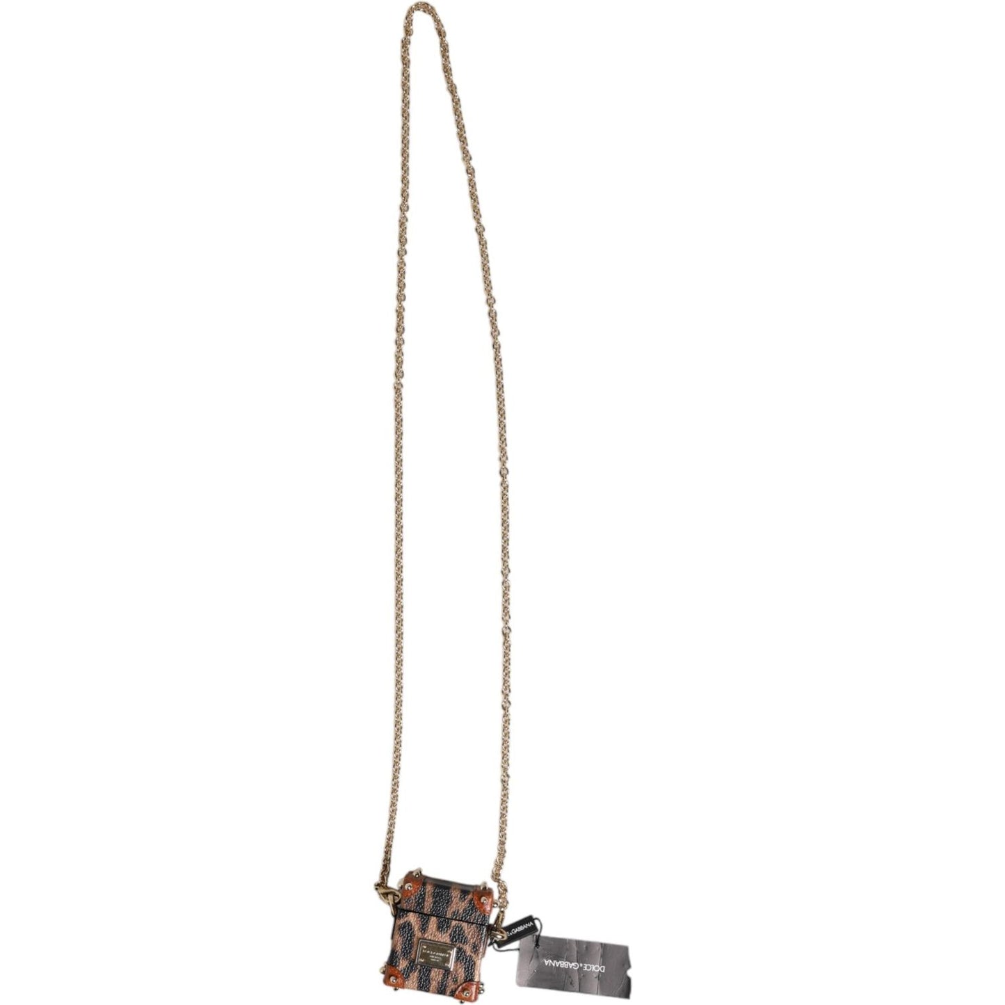 Dolce & Gabbana Brown Leopard Metal Logo Plaque Gold Chain Airpods Case SMY10661
