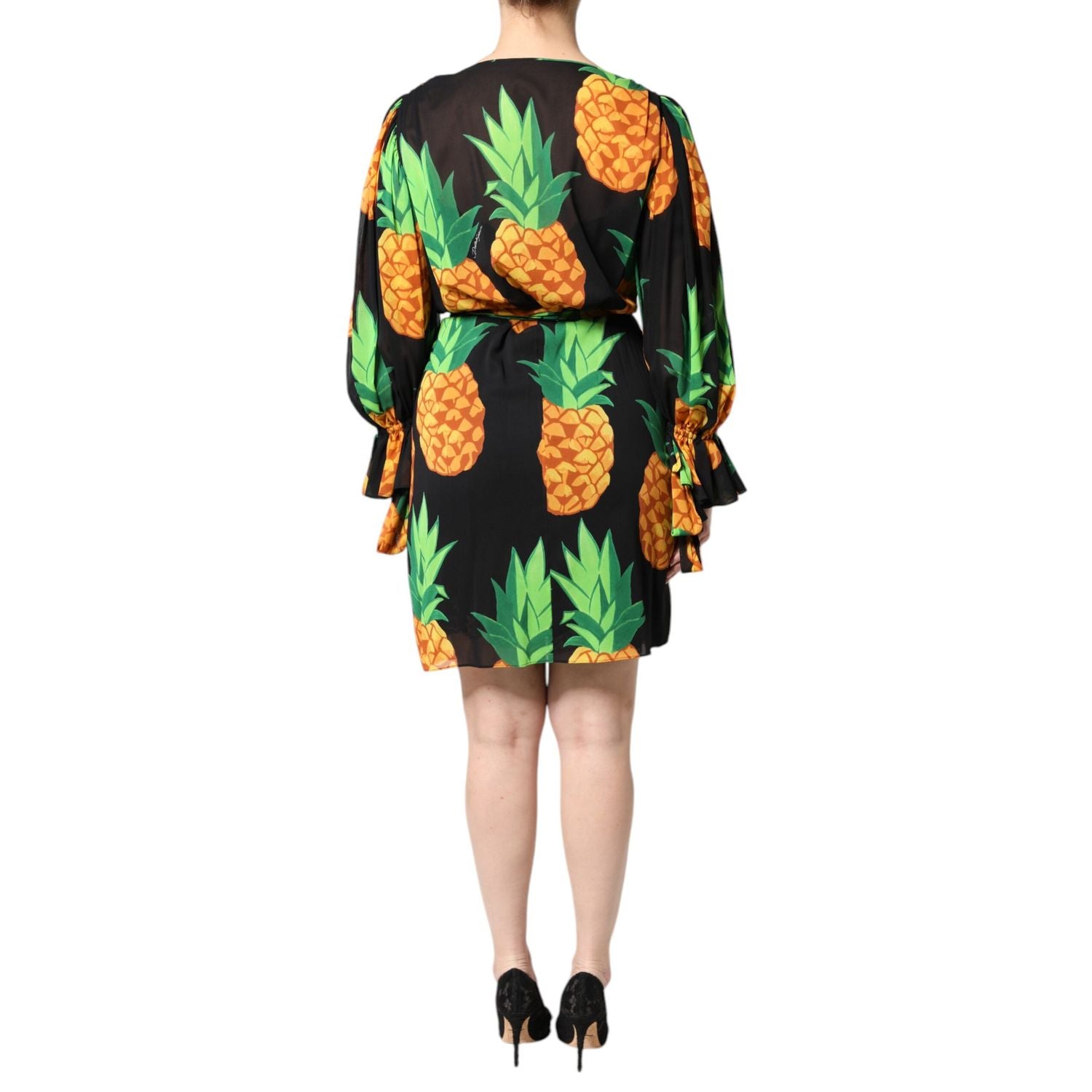 Dolce & Gabbana Black Silk Pineapple Draped Print Wrap Dress