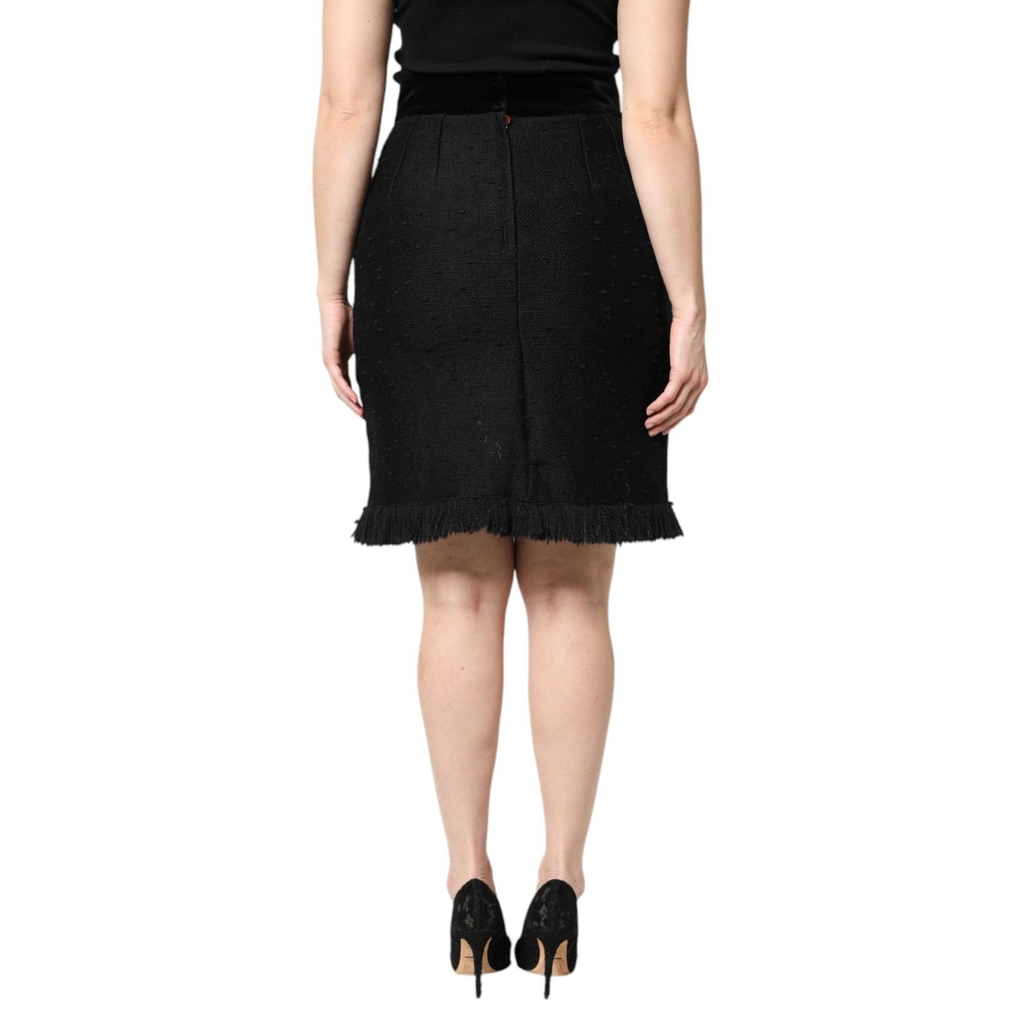 Dolce & Gabbana Black Wool Fringe High Waist Pencil Mini Skirt