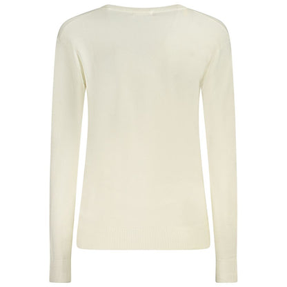 Back view of Guess Jeans White Viscose Sweater, long-sleeved with V-neck and contrasting details.