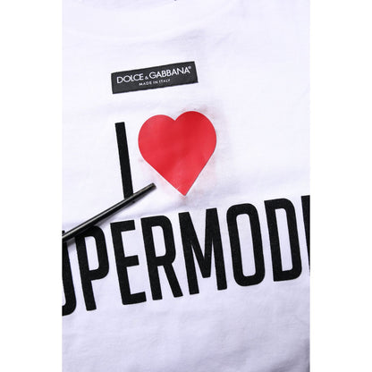 Dolce & Gabbana White Printed Round Neck Top Cotton T-shirt