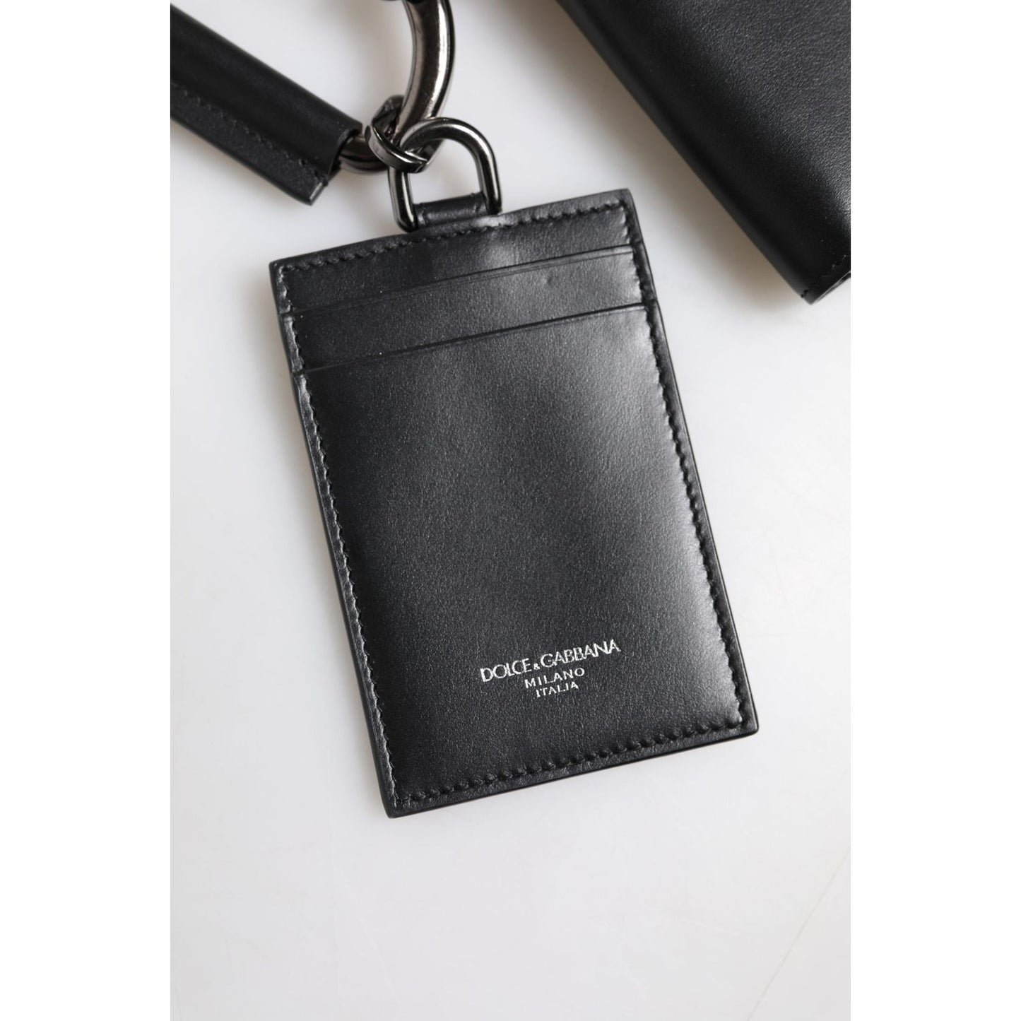 Dolce & Gabbana Black Leather Lanyard Zip Around Card Holder Wallet