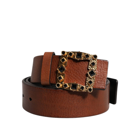 Dolce & Gabbana Brown Leather Gold Crystal Buckle Belt BEL9273-90
