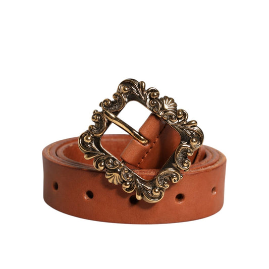 Dolce & Gabbana Brown Leather Gold Metal Baroque Buckle Belt BEL9304-90