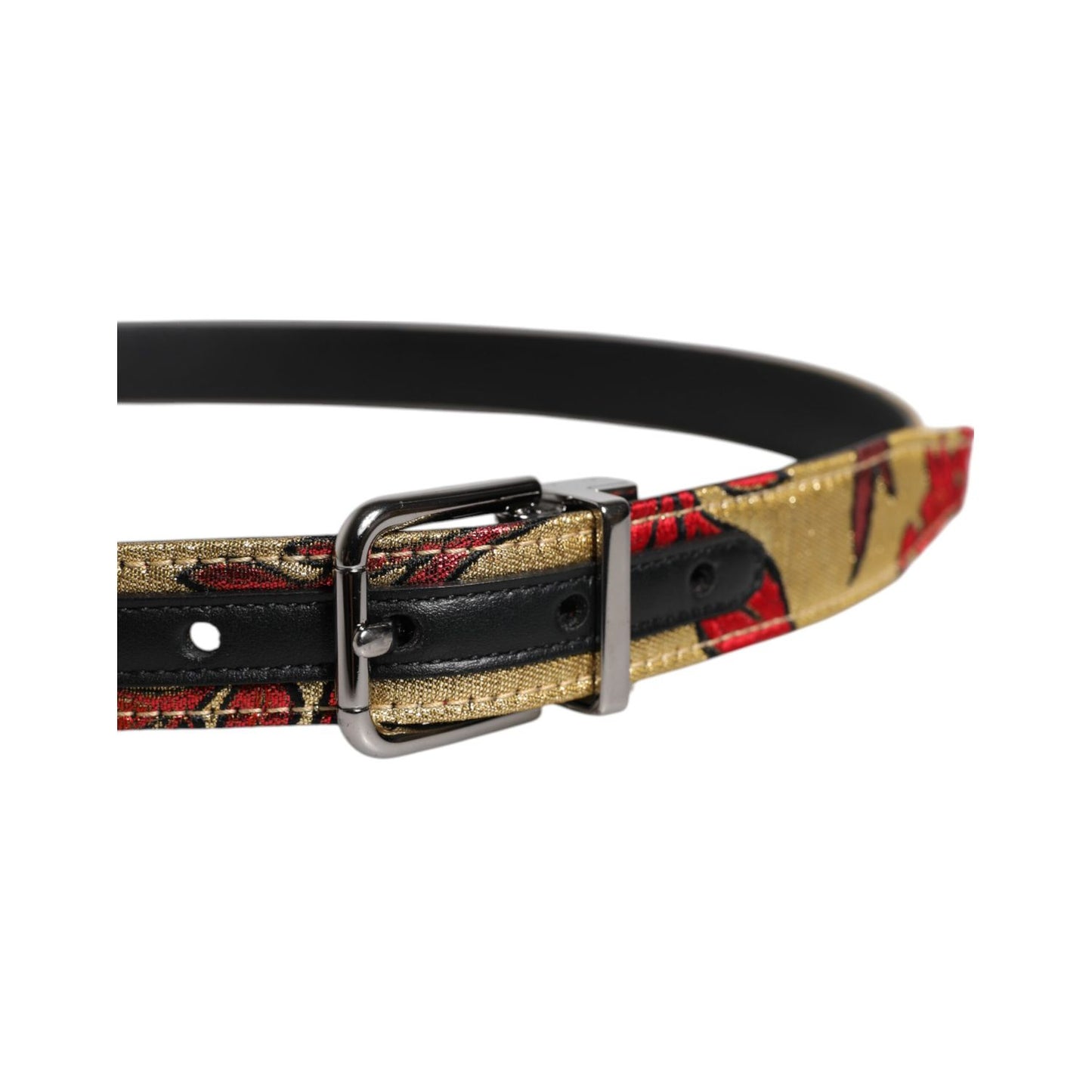 Dolce & Gabbana Gold Floral Jacquard Leather Metal Buckle Belt
