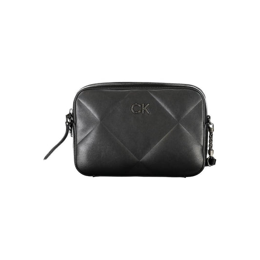Calvin Klein black polyester handbag with adjustable shoulder strap, logo, and two internal pockets made from 50% recycled material.