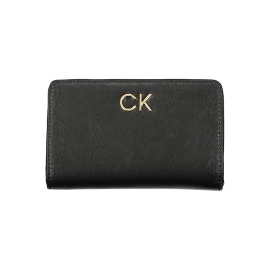 Calvin Klein black polyester wallet with CK logo, RFID block, snap and zip closure, card spaces, and coin purse.