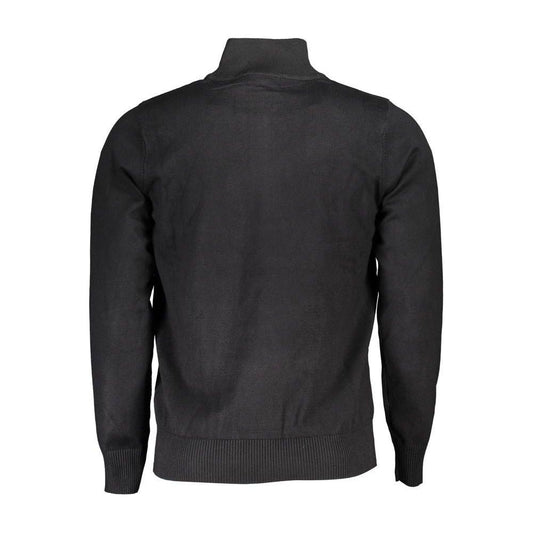 Back view of U.S. Grand Polo elegant black half zip sweater with embroidery detail