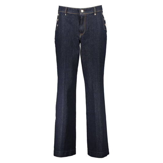 Guess blue cotton super skinny jeans with wide leg, 2 pockets, contrast details, button and zip closure, and logo.