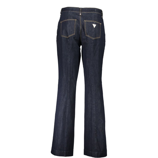 Back view of Guess Jeans blue cotton super skinny jeans with two pockets, contrast details, and logo. Wide leg, button, and zip closure.