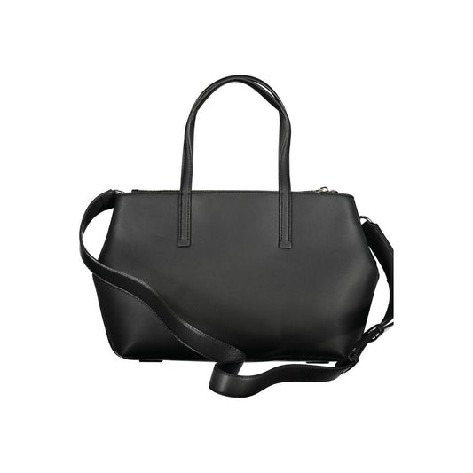 Calvin Klein black polyester handbag with two handles and adjustable strap, featuring external and internal pockets.