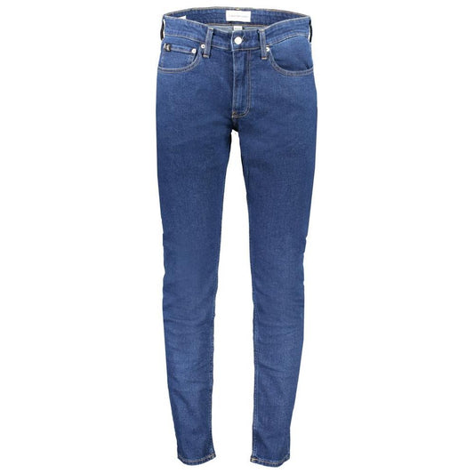 Calvin Klein blue cotton slim taper jeans with 5 pockets, button and zip closure, featuring logo and 20% recycled cotton.