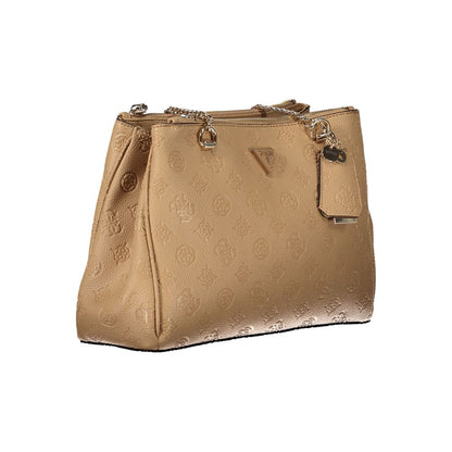 Guess Jeans Beige Polyethylene Women Handbag with chain handles and embossed design.