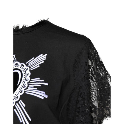 Dolce & Gabbana Black Lace Sheer Sacred Heart Crew Neck Top