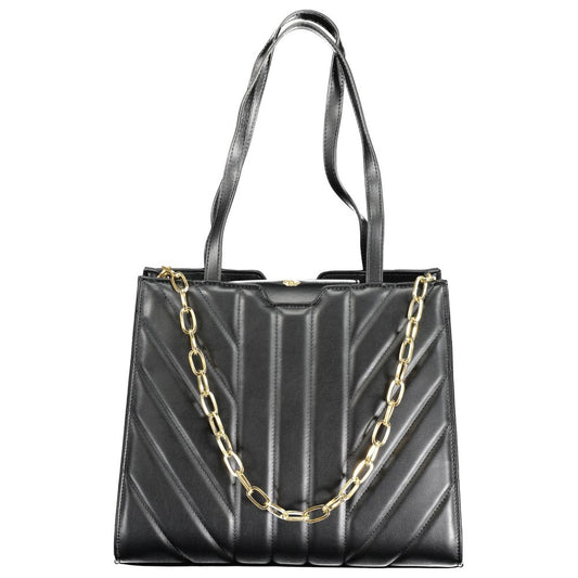 Valentino black handbag with double shoulder straps, removable chain, two compartments, central and internal pockets, zip closure.