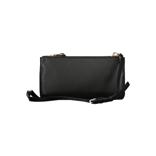 Calvin Klein black polyester handbag with adjustable strap, two compartments, logo detail, and recycled polyester material.