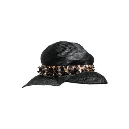 Dolce & Gabbana Black Straw Crystal Embellished Wide Brim Hat