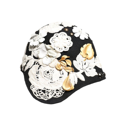 Dolce & Gabbana Black Wool White Floral Gold Leaf Cloche Hat
