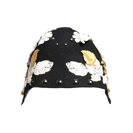 Dolce & Gabbana Black Wool White Floral Gold Leaf Cloche Hat HAT9649