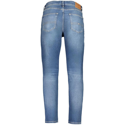 Back view of Tommy Hilfiger blue cotton dad jeans, regular tapered fit with 5 pockets, washed effect, featuring button, zip, and embroidery logo.