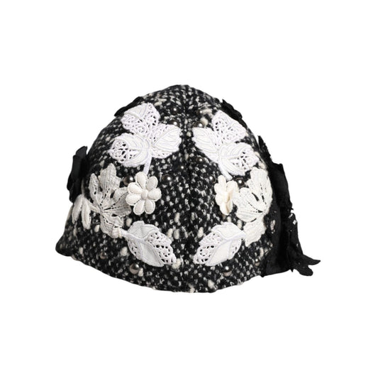 Dolce & Gabbana Black Wool White Floral Embellished Cloche Hat HAT9672