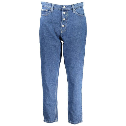 Calvin Klein blue cotton women jeans featuring a classic five-pocket design and logo, perfect for vintage-inspired fashion enthusiasts.