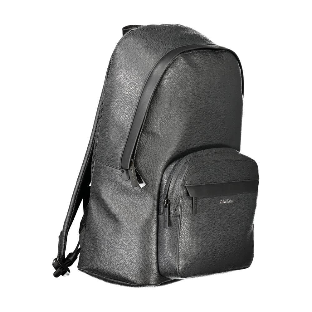 Calvin Klein Black Polyester Men Backpack with sleek design and external pocket, ideal for modern trailblazers seeking minimalist luxury.