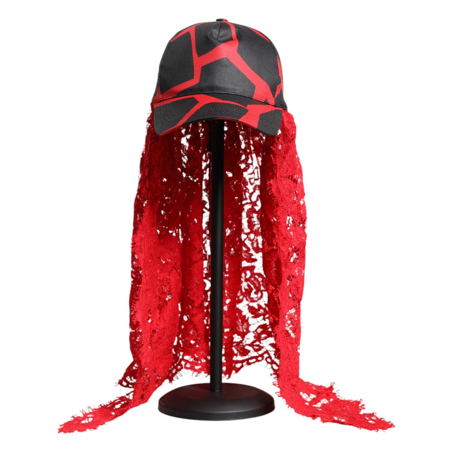 Dolce & Gabbana Red Black Lace Tulle Cotton Baseball Cap