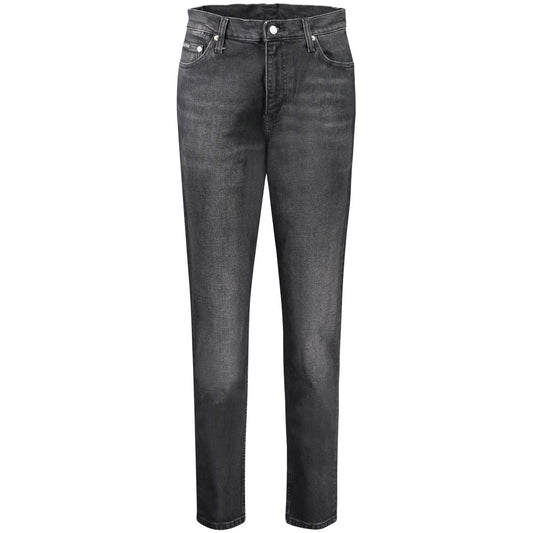 Calvin Klein Black Cotton Women's Jeans, high-rise mom fit, premium stretch denim, retro style, flattering, trend-conscious fashion.