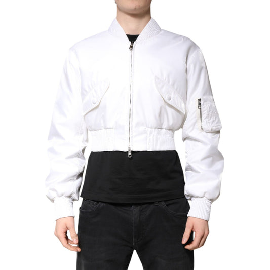 Dolce & Gabbana White Nylon Full Zip Cropped Bomber Jacket
