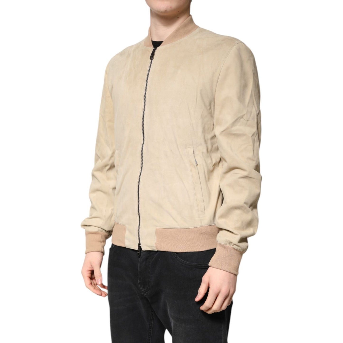 Dolce & Gabbana Beige Lambskin Full Zip Men Bomber Jacket