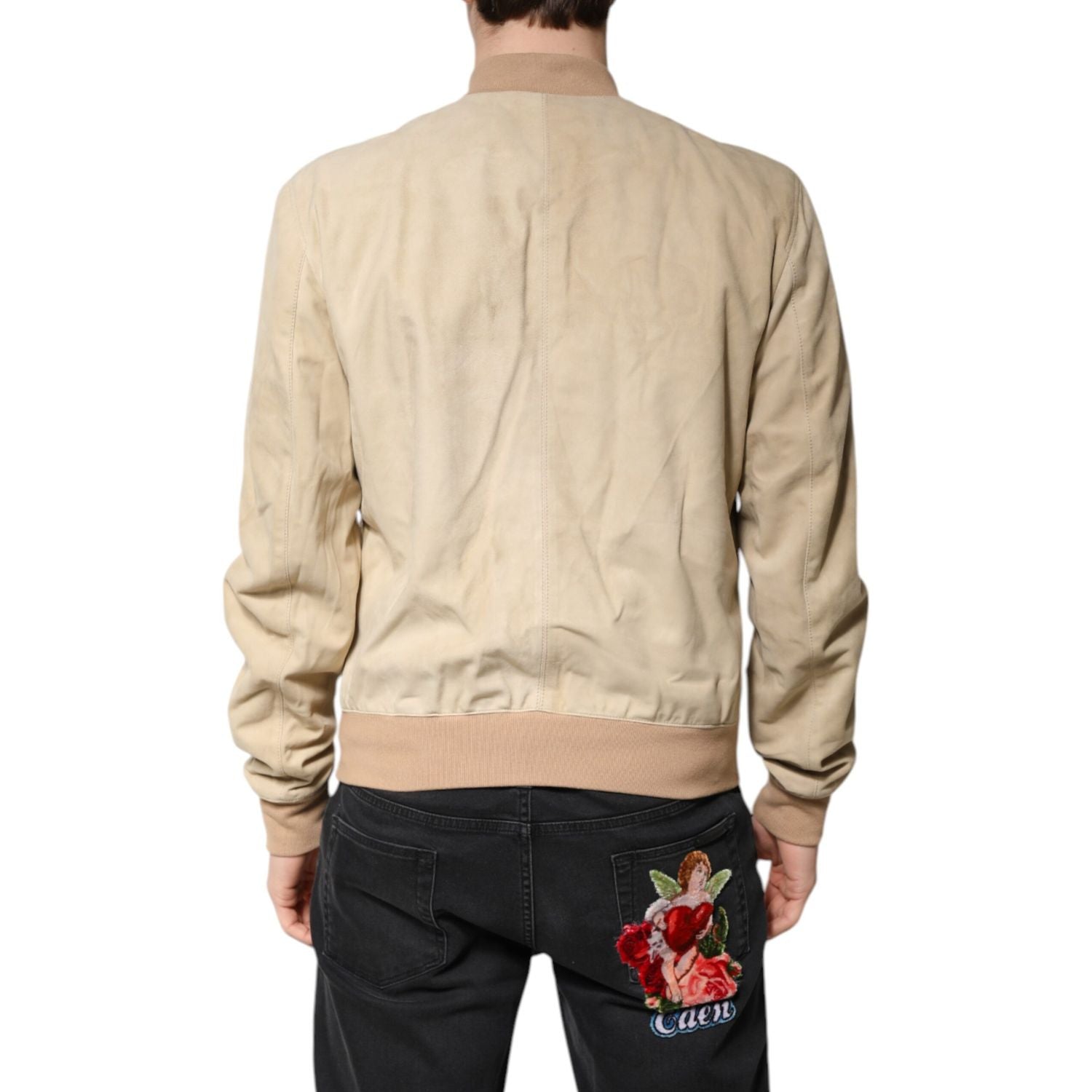 Dolce & Gabbana Beige Lambskin Full Zip Men Bomber Jacket
