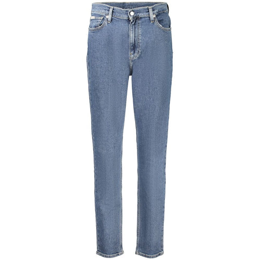 Calvin Klein blue cotton women's mom jeans with stretch and designer logo; sustainable, modern, and stylish casual wear.