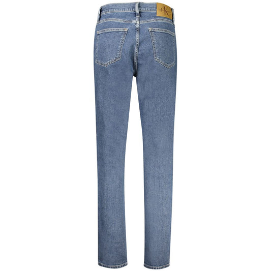 Back view of Calvin Klein blue cotton women's jeans featuring classic mom fit  and designer logo patch.