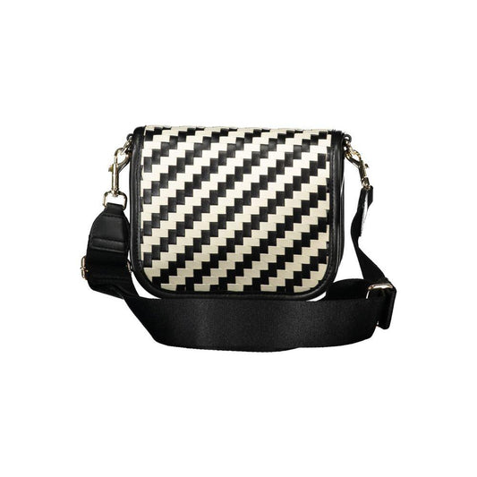 Tommy Hilfiger black and white checkered polyester handbag with adjustable strap and snap closure, featuring contrasting details.