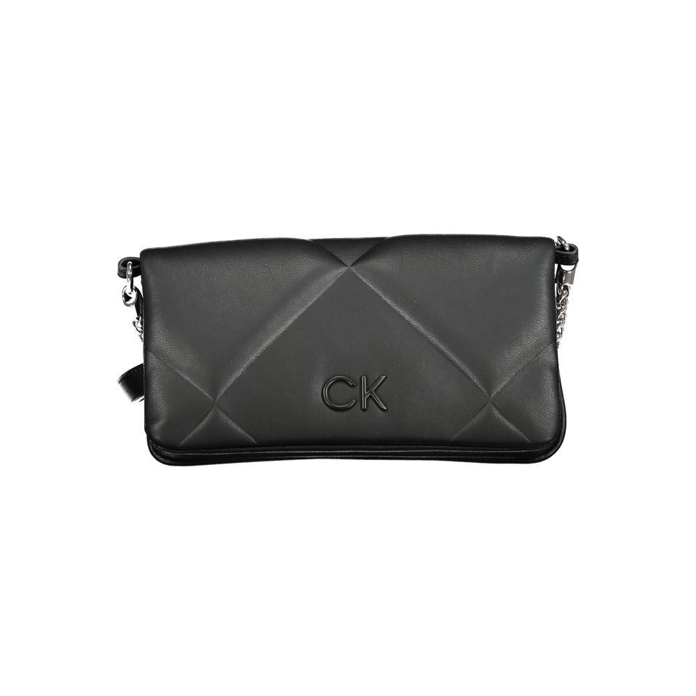 Calvin Klein Black Cotton Handbag with chain shoulder handle and logo, convertible to adjustable belt bag.