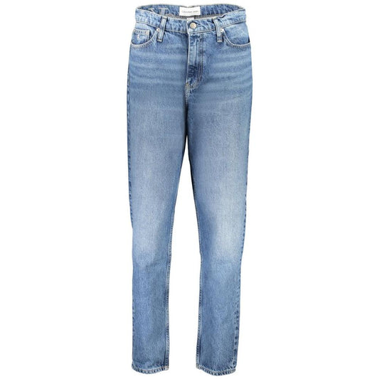 Calvin Klein blue cotton jeans with mom fit, 5 pockets, washed effect, button zip, embroidery, logo, 20% recycled cotton.