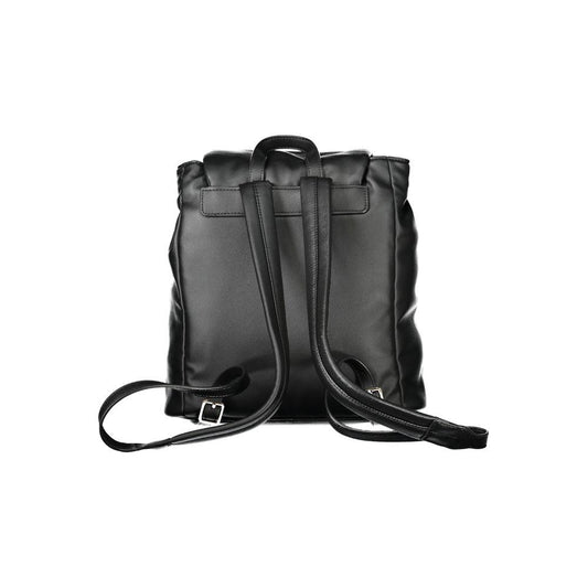 Back view of Tommy Hilfiger black polyester women's backpack with adjustable straps and sleek design.