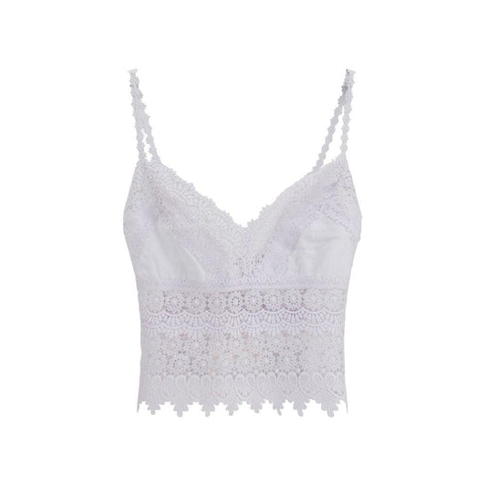 Charo Ruiz white Dana cotton top with guipure panels and V-neckline, featuring thin straps and a cropped design, perfect for summer.