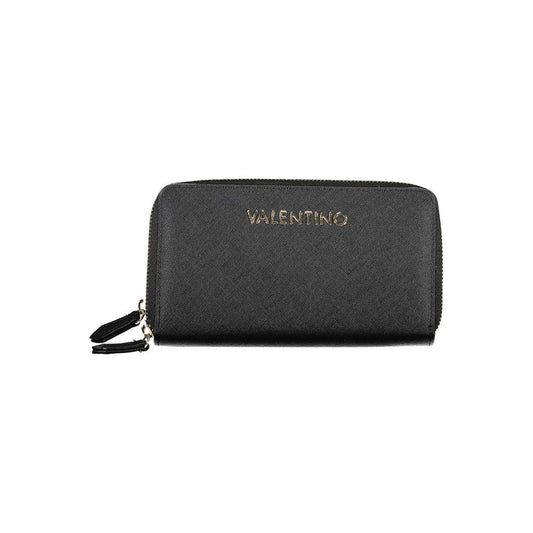 Valentino black polyethylene wallet with zip closure, double compartments, card slots, coin purse, and contrasting logo details.