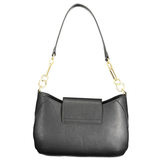 Valentino black polyethylene handbag with removable shoulder strap, internal pocket, contrast details, and logo accents.