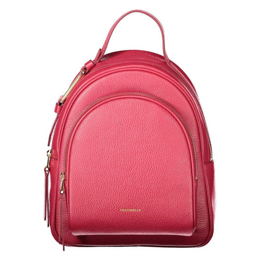 Coccinelle Malory red leather women's backpack with contrasting details and logo, showcasing Italian design and functionality.