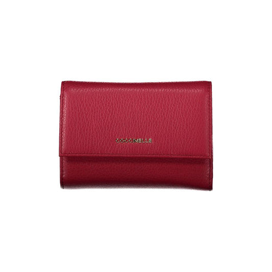 Coccinelle red leather women's wallet with gold logo, featuring multiple compartments and sleek design for elegance and functionality.