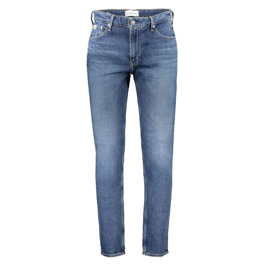 Calvin Klein blue dad jeans with 5 pockets and washed effect, made from 20% recycled cotton, featuring button and zip closure.