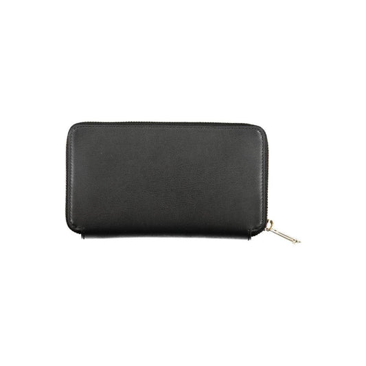 Tommy Hilfiger black polyethylene wallet with zip closure, four compartments, coin purse, and double card spaces.